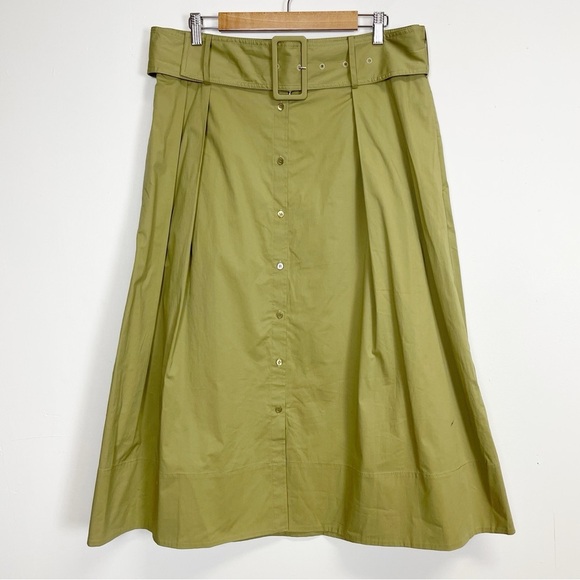 NEW Staud Kingsley Midi Skirt Women 14 Green Pleated Belted Stretch Cotton NWOT - Picture 1 of 10